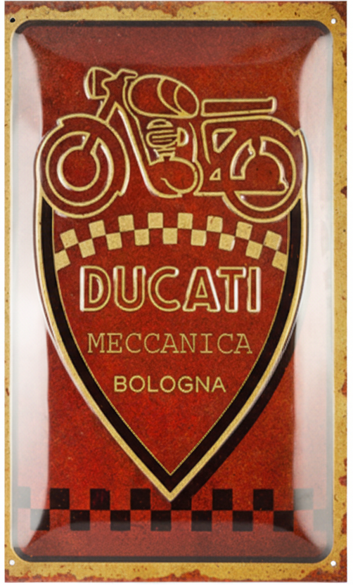 Ducati Meccanica logo on a red background with a checkered border