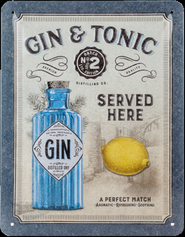Vintage-style metal sign with a blue gin bottle and lemon, promoting 'Gin & Tonic Served Here'.