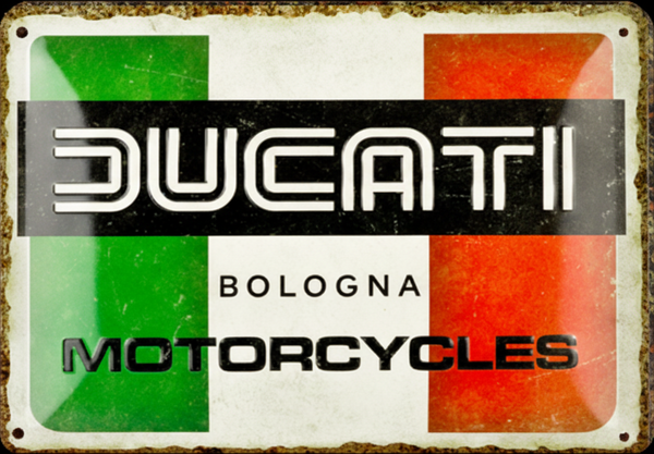 Ducati logo with Italian flag design on a rectangular sign.