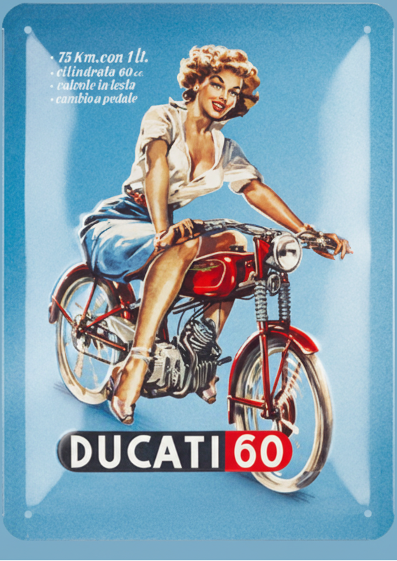 Vintage-style metal sign with a woman on a motorcycle and Ducati branding.