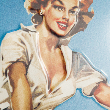 Vintage-style illustration of a woman with a blue background.