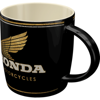 Black mug with Honda Motorcycles logo on a white background