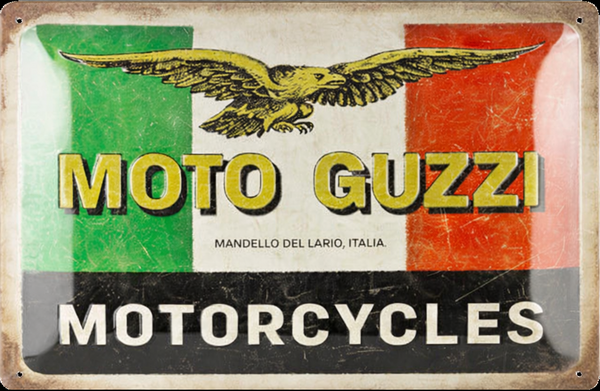 Vintage-style sign with Moto Guzzi logo and Italian flag colors