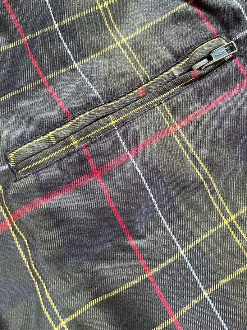 Close-up of a plaid jacket or coat fabric with a zippered pocket, featuring a dark gray base with red, yellow, and white windowpane lines.